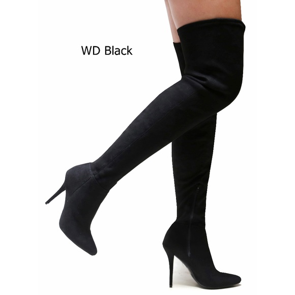 Black Stretch Over Knee Stiletto Pointy Toe Boots - Picture 1 of 3
